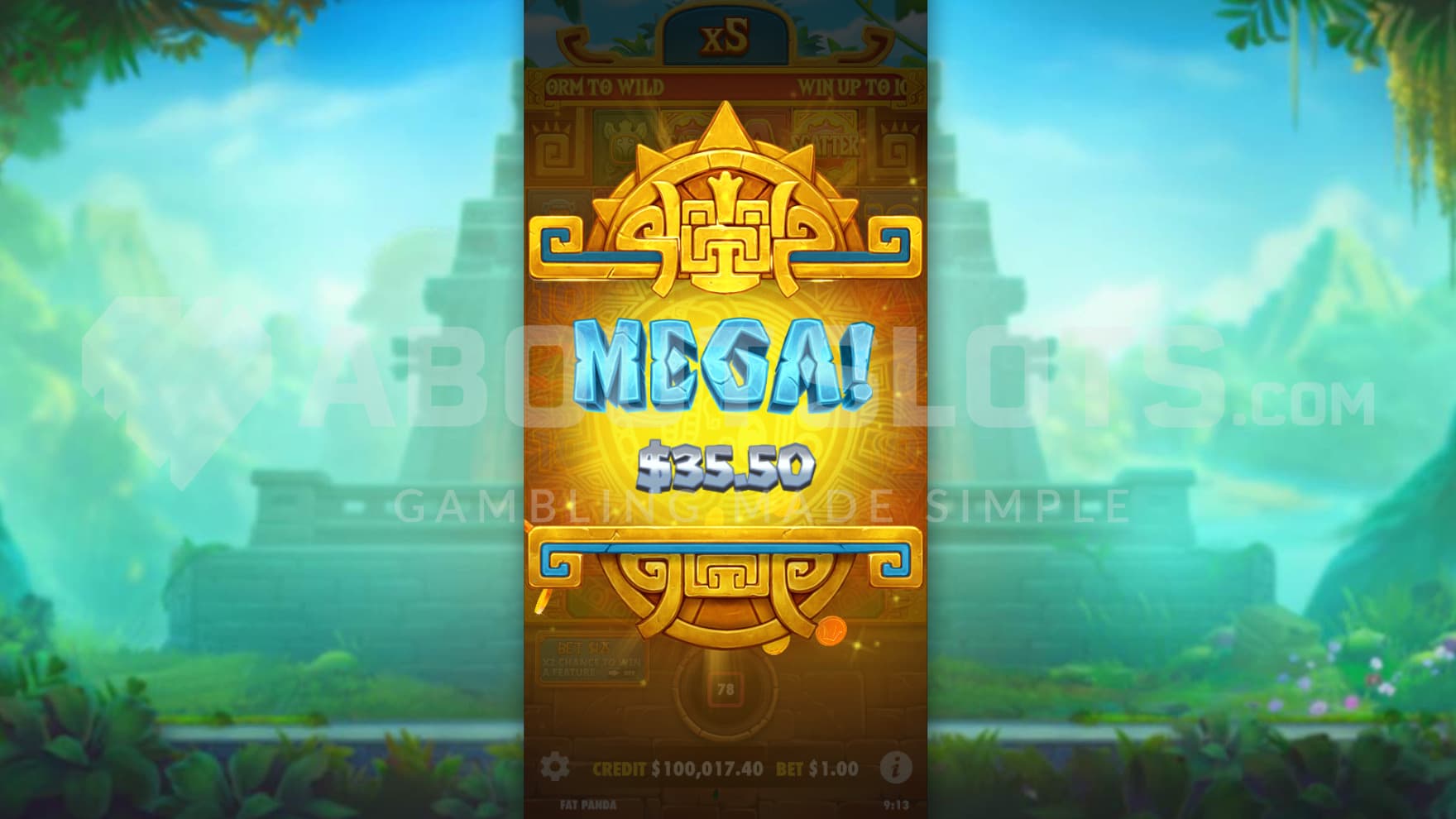 A Mega Win is hit with a congratulations sign popping up