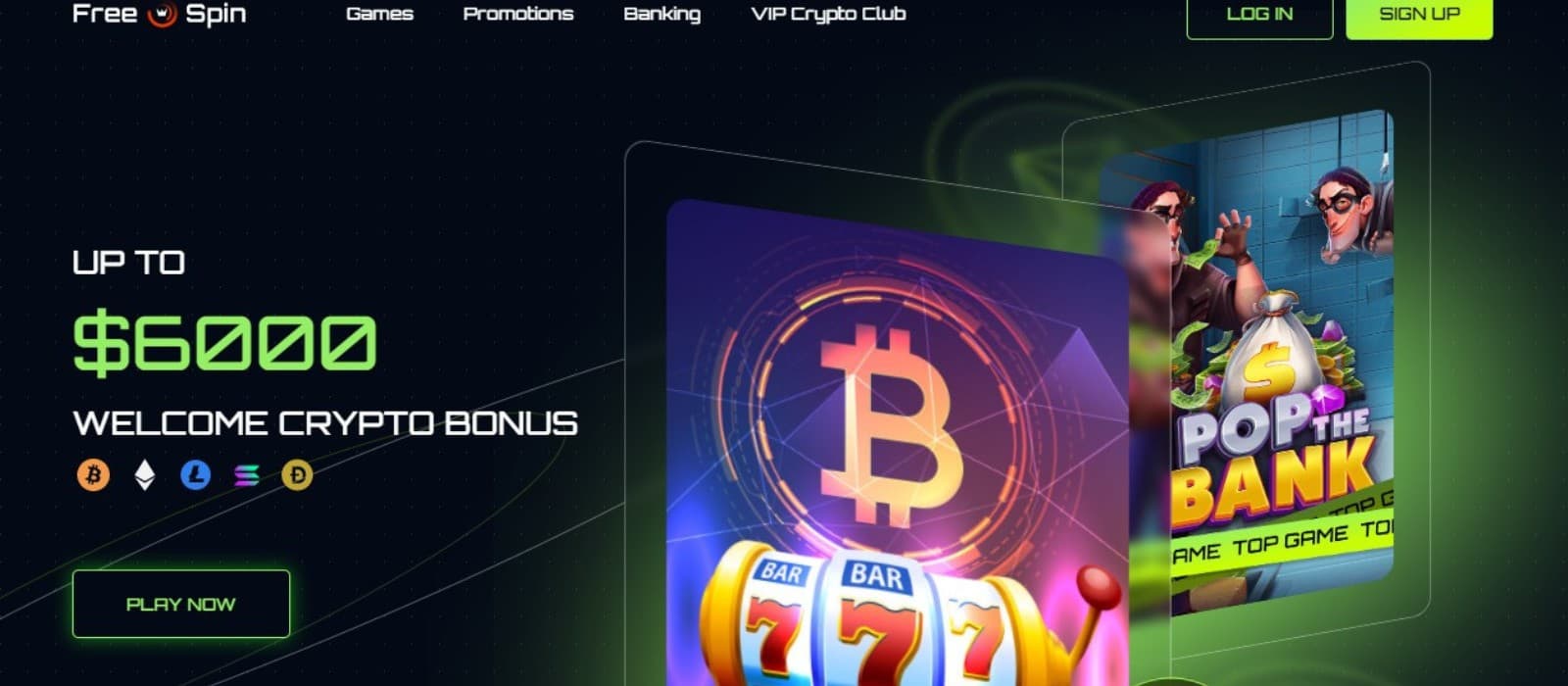 The landing page of FreeSpin Casino shows the welcome bonus of up to 6000 euros.