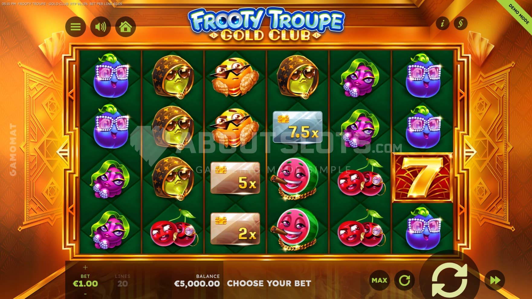 The many fruit symbols are decked out in lavish and luxurious outfits as you spin