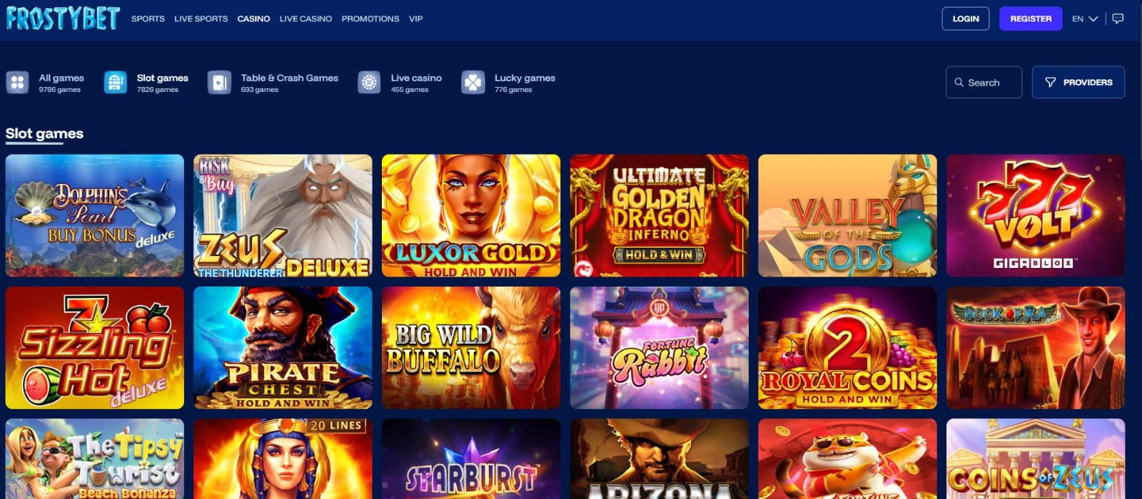 The games page of Frostybet Casino presents the most popular video slots, such as Zeus Deluxe, Valley of the Gods, and more.