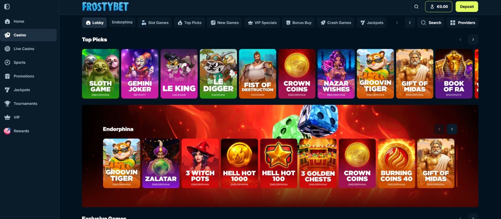 Frostybet online casino's game page shows the Top Picks category with titles like Sloth Game, Gemini Joker, and more.