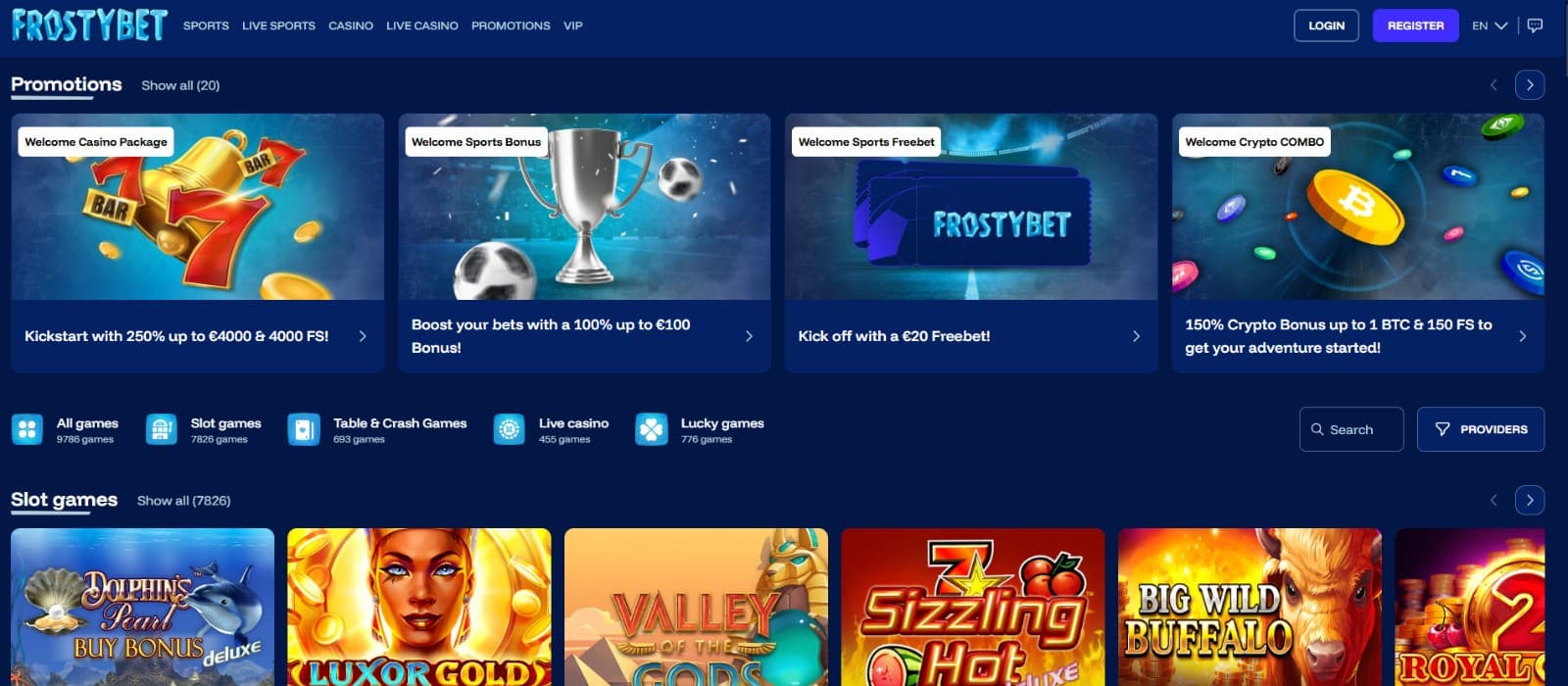 The landing page of Frostybet Casino displays a range of promotions, such as the welcome package.