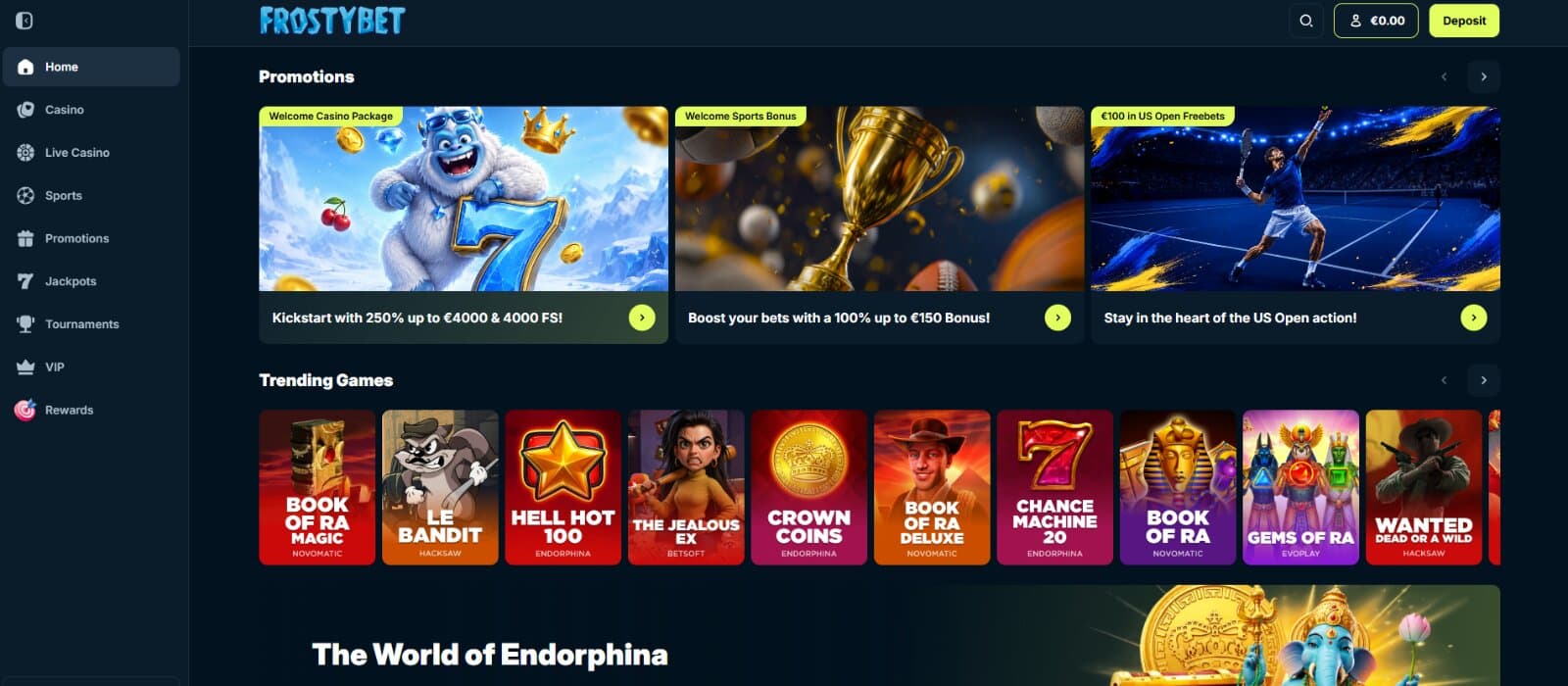 Frostybet Landing page displays bonus offers, such as Welcome Casino Package, Welcome Sports Bonus, and more.
