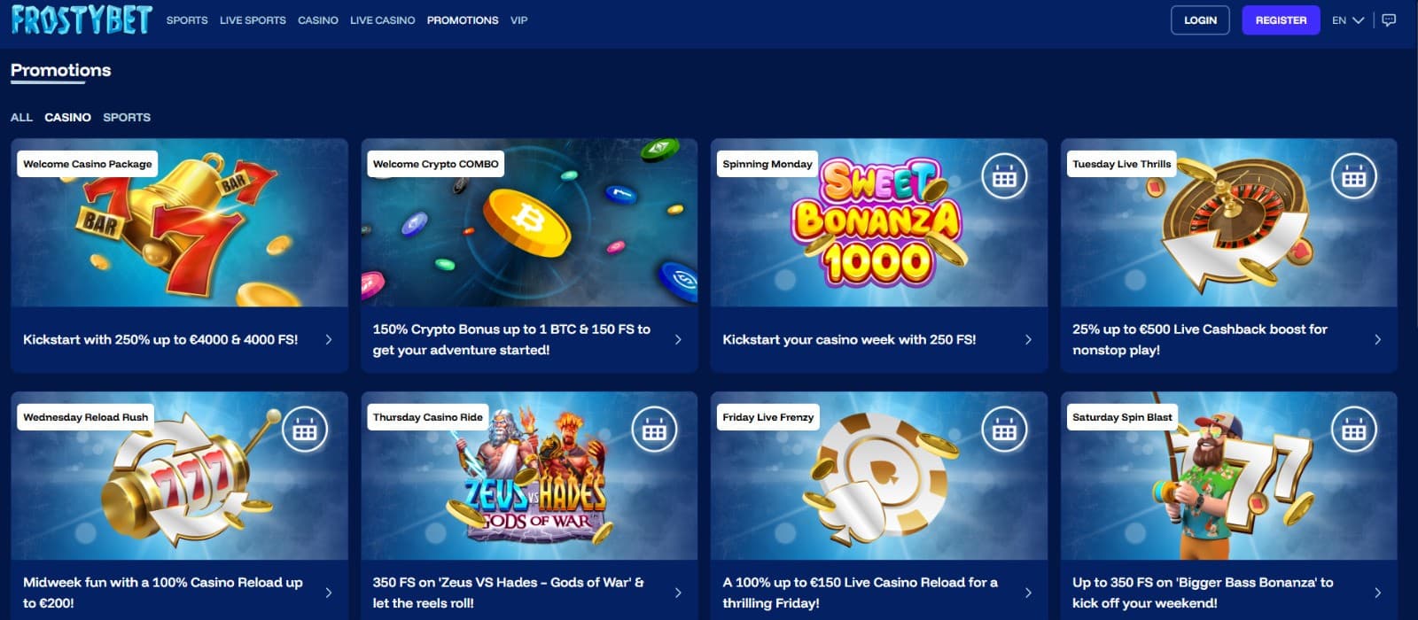 The promotions page of Frostybet Casino presents a wide variety of casino bonuses, such as the welcome bonus, welcome crypto combo, and more.