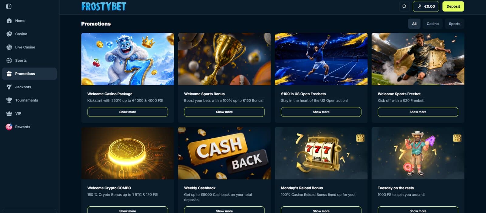 Frostybet promotions page shows Welcome Sports Freebet, Welcome Crypto Combo abeve Trending Games category.