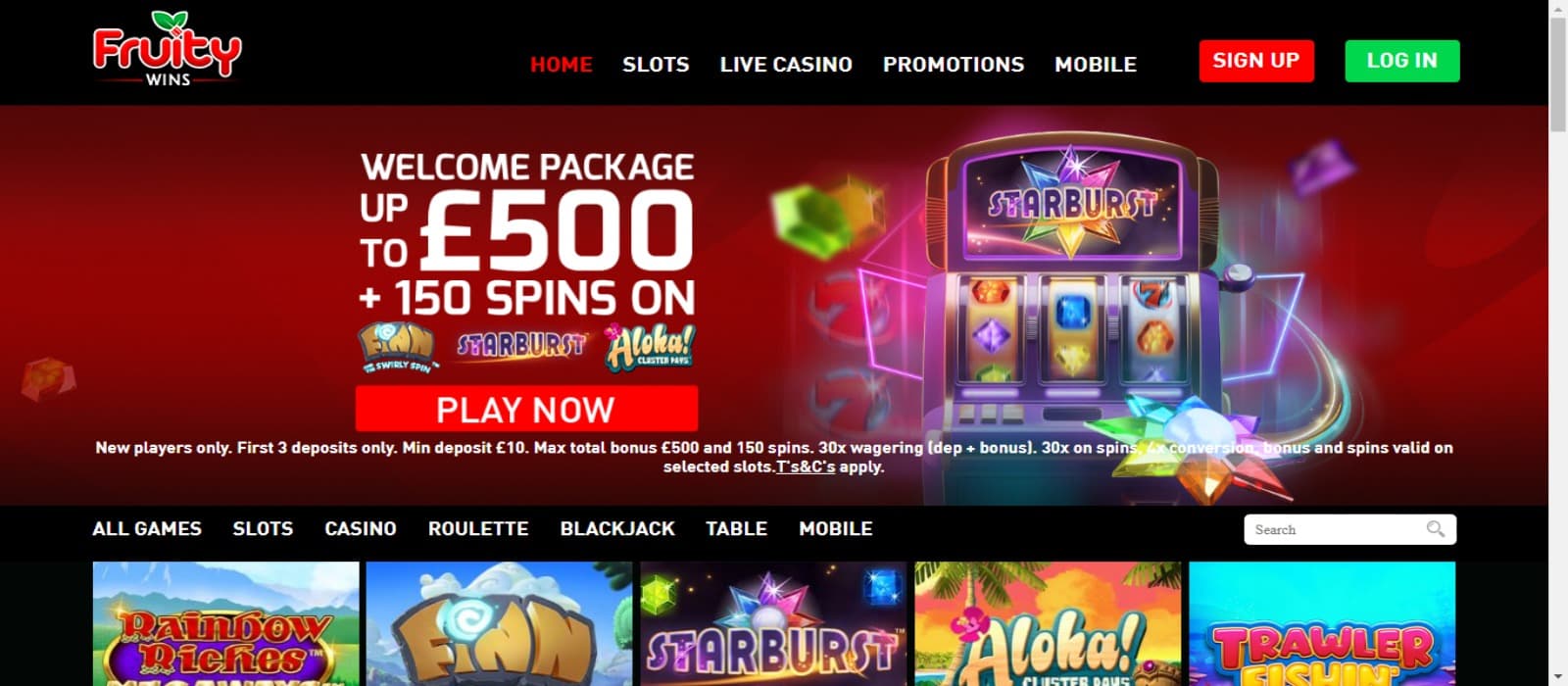 Fruity Wins Casino landing page with the welcome bonus offer banner and slot game icons below