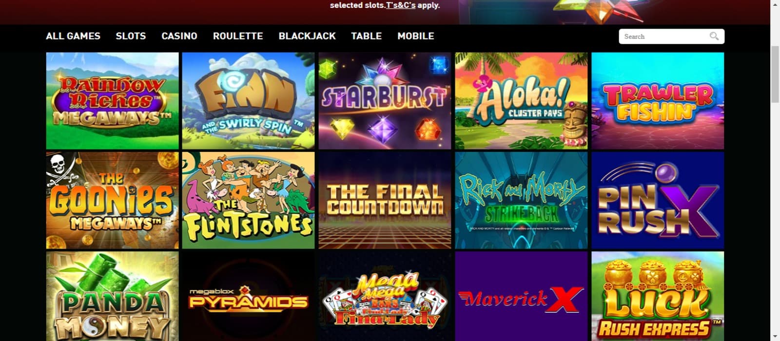 Fruity Wins Casino games page with the slot game icons and top game category menus