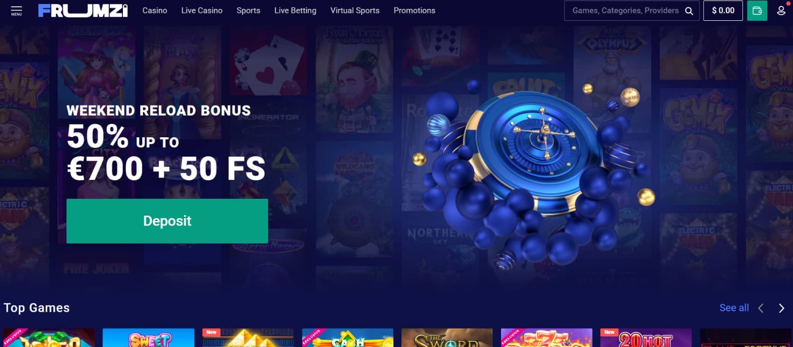Frumzi Casino landing page featuring a weekend reload bonus offer of 50% up to €700 plus 50 free spins.