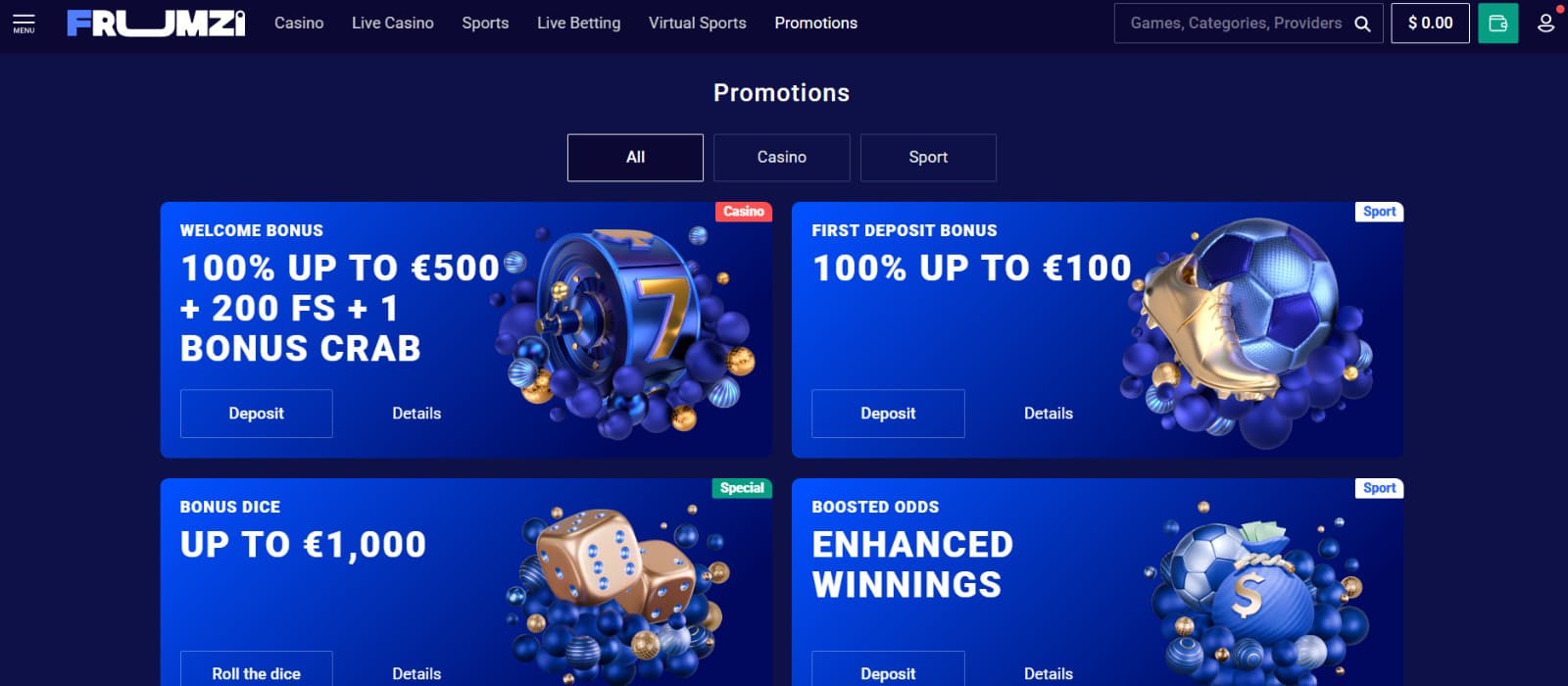 Frumzi Casino promotions page showcasing welcome bonuses, sports deposit offers, and special rewards with a sleek blue-themed design