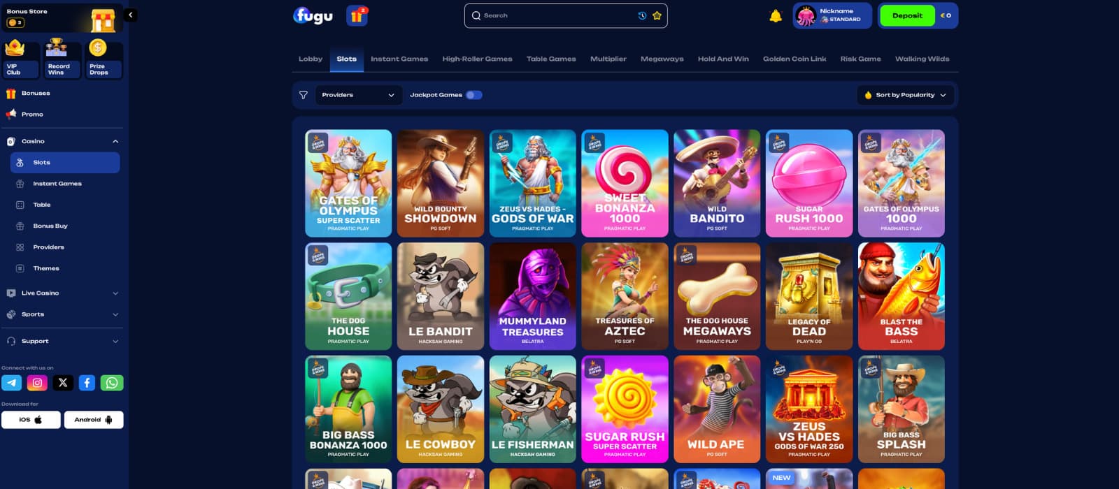 Fugu Casino games page showing game grid with provider filters, jackpot toggle, and sidebar navigation