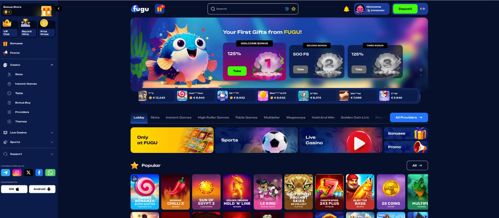 Fugu Casino landing page featuring welcome bonus banner, slot categories, and quick navigation sections