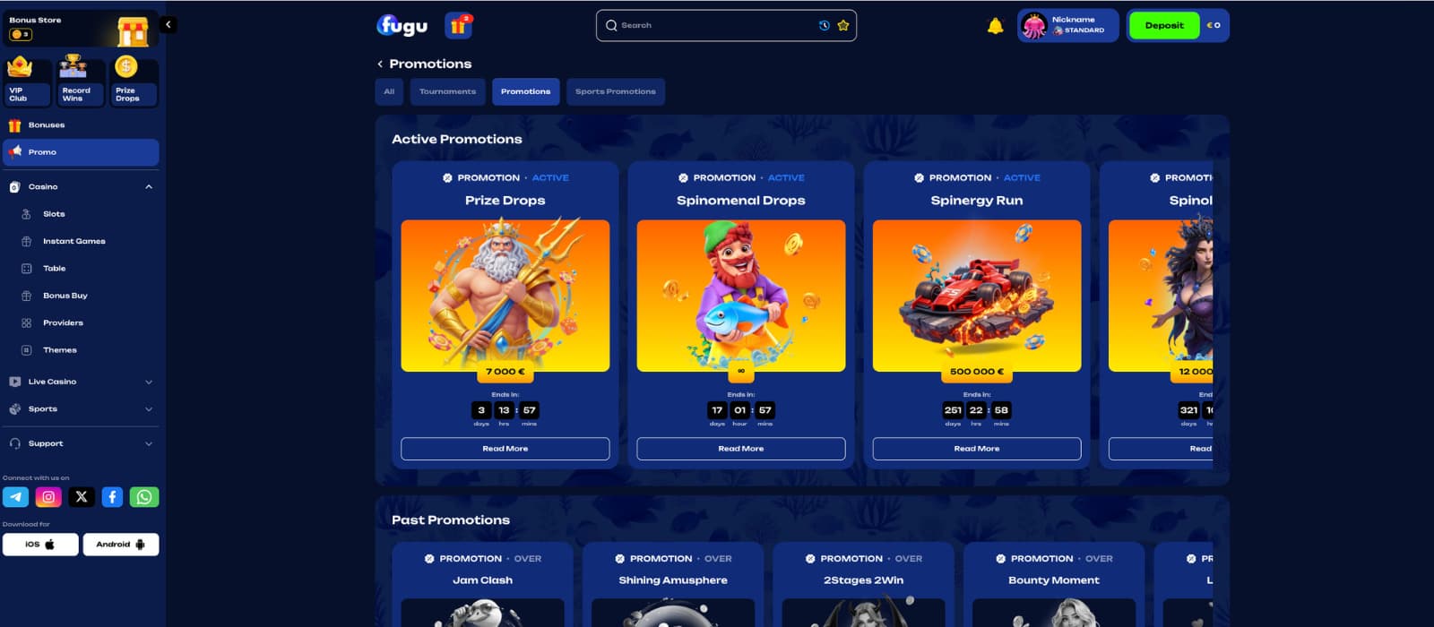 Fugu Casino promotions page displaying active prize drops, tournaments, and countdown timers