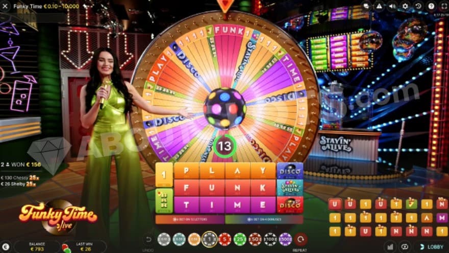 Money Wheel feature being active with a game host standing on the left side.