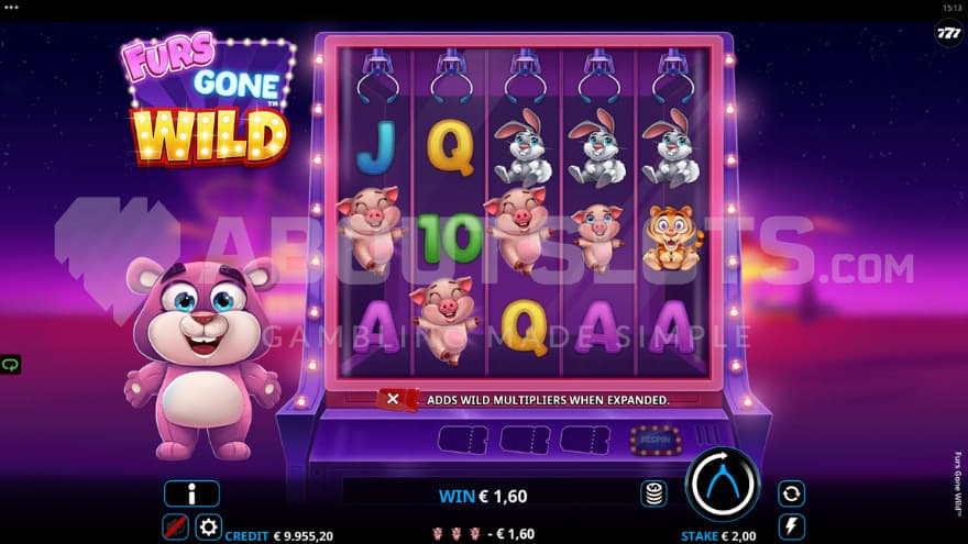 A purple teddy bear stands next to the arcade playing grid