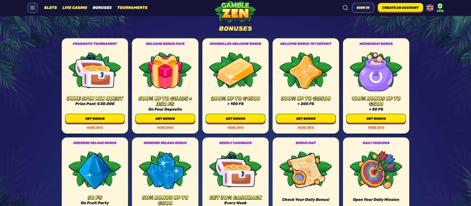 Gamblezen Casino bonus page displaying welcome bonuses, free spins offers, cashback promotions, reload deals, and ongoing player rewards in a sleek casino interface.