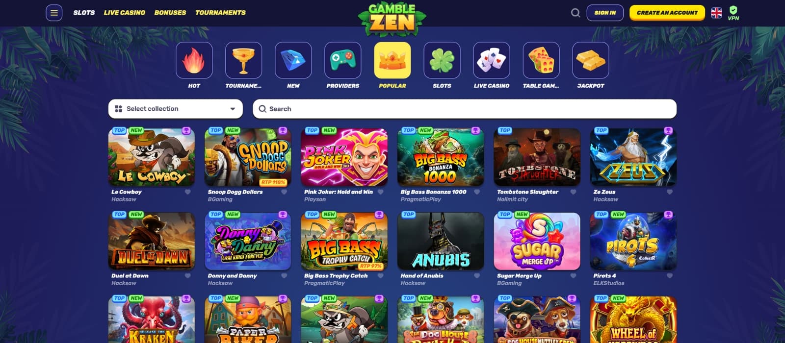 Gamblezen Casino game page showcasing online slots, live casino titles, and featured games with colorful thumbnails, provider filters, search functionality, and category navigation.