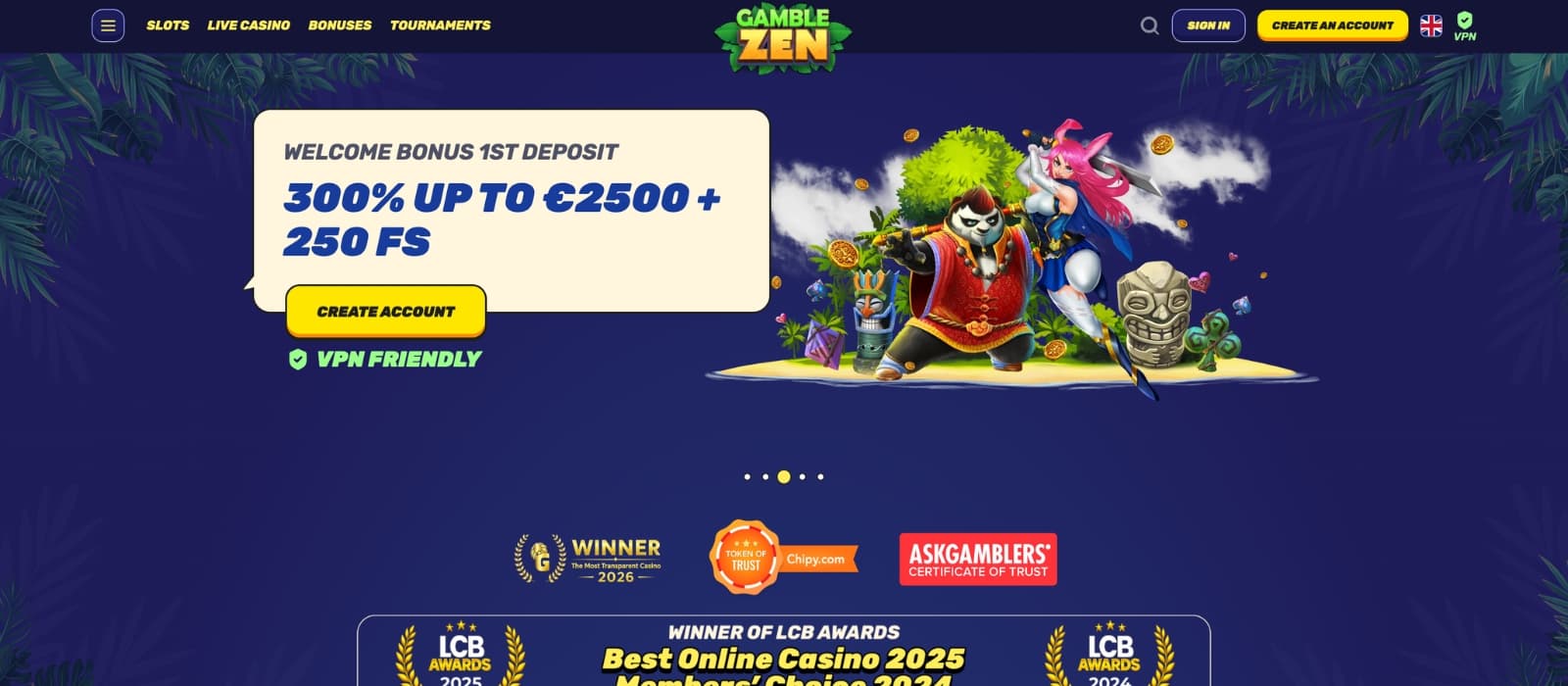 Gamblezen Casino homepage featuring a modern casino design with promotional banners, featured slot games, jackpot highlights, and navigation for casino categories and player rewards.