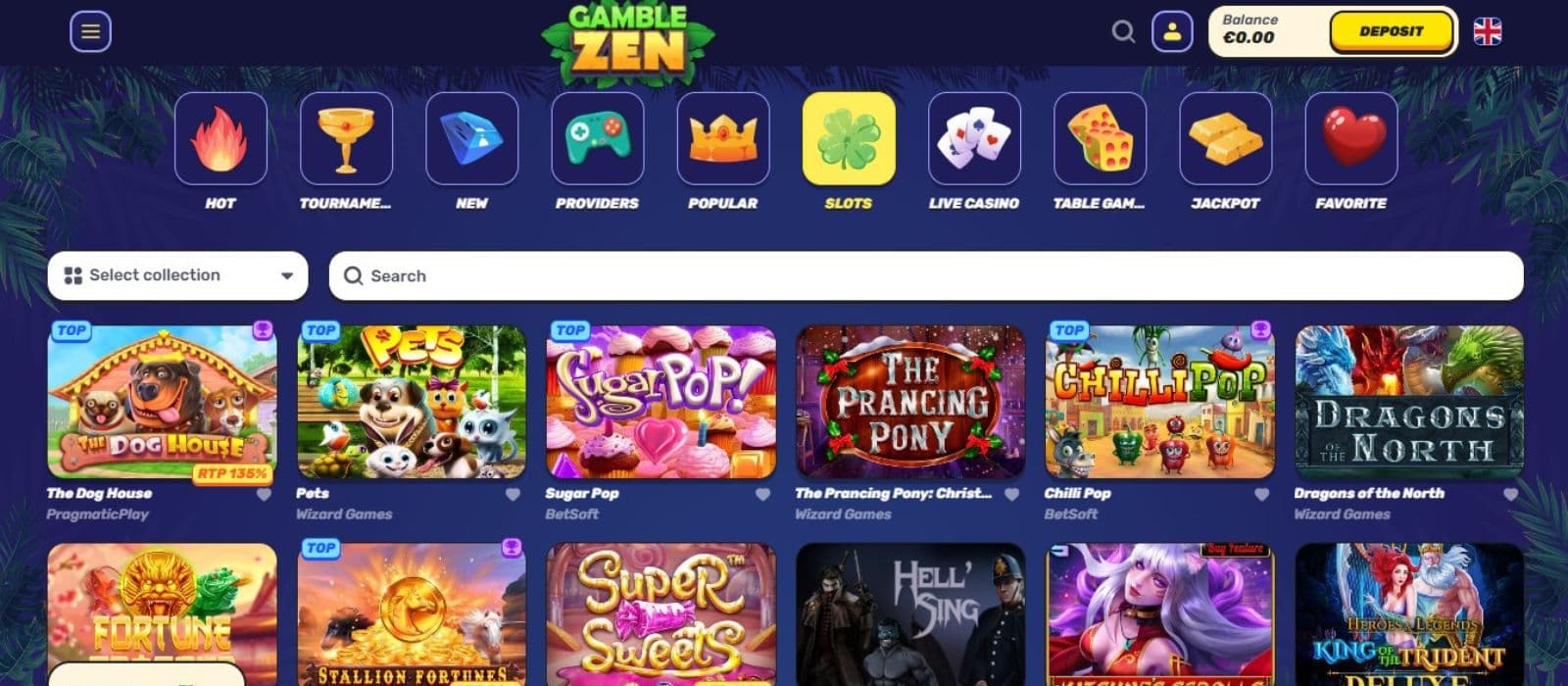 Gamblezen Casino's slot games category, showing impressive titles like The Dog House and other exciting games.