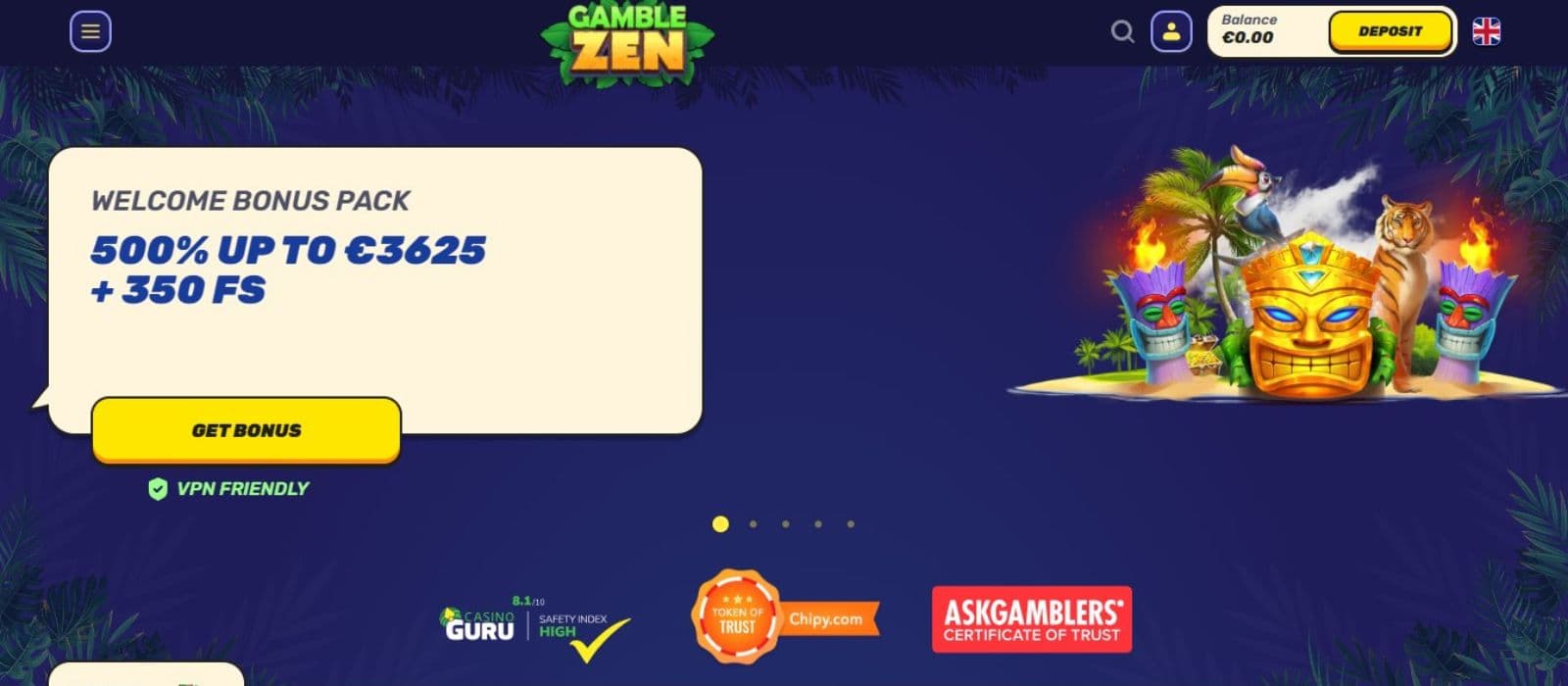 Gamblezen Casino's homepage, showing the welcome bonus worth up to €3,625 plus 350 free spins.