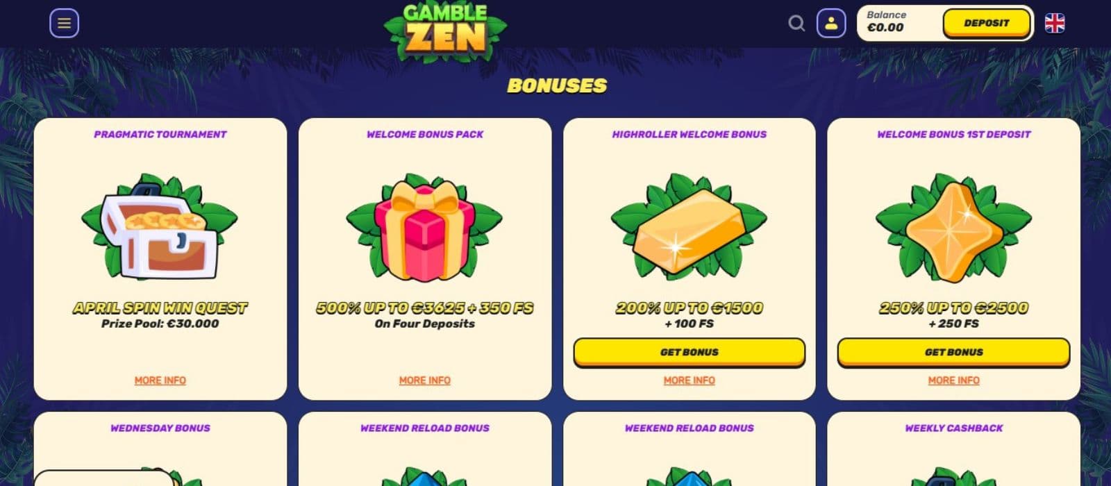 Gamblezen Casino's promotions page, showing welcome bonus, highroller welcome bonus, and other generous promotions.