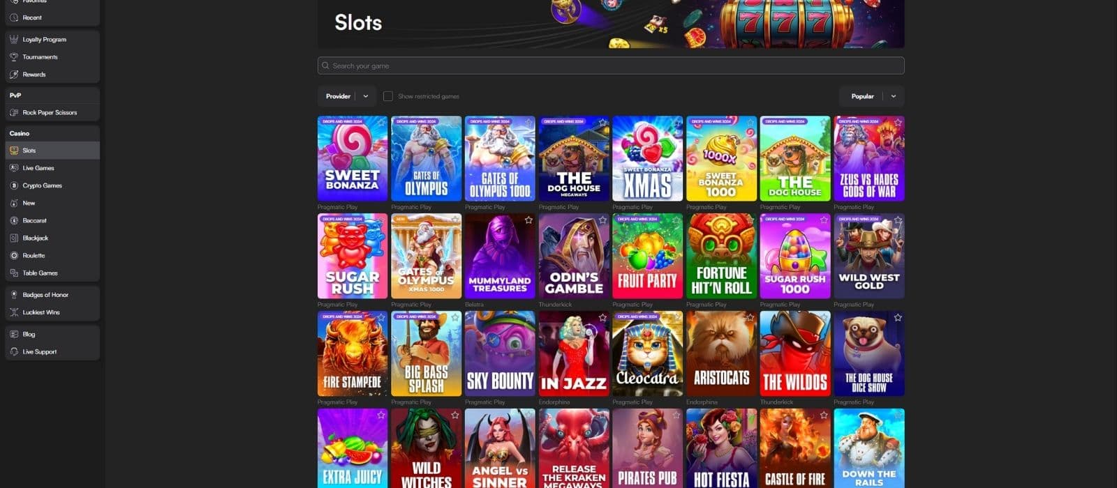 Gamegram Casino games page showing the top slots, a search bar for locations specific games, and the main menu on the left.