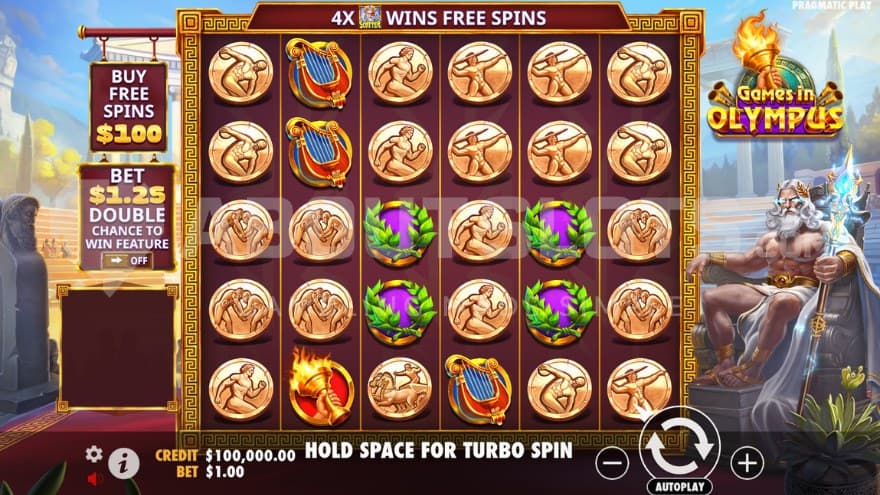 Base game with Zeus sitting on the right of the reels.