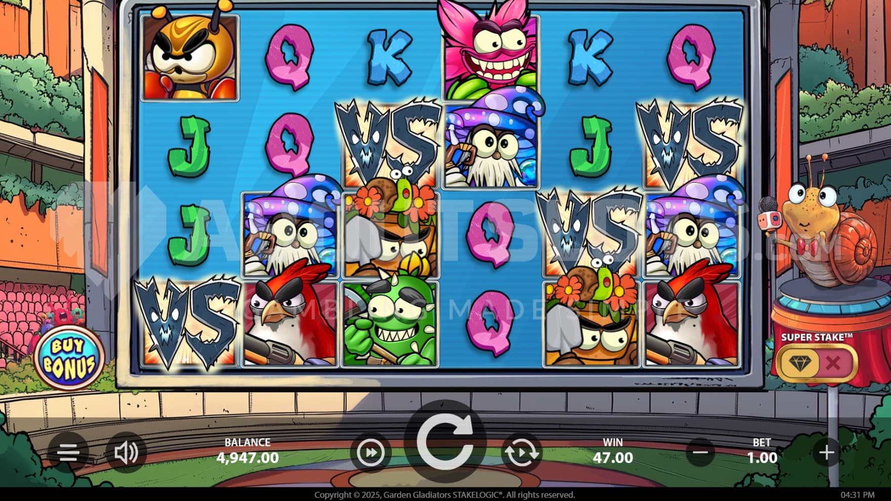 The playing grid is set inside an arena with the small snail host sitting to the right of the reels