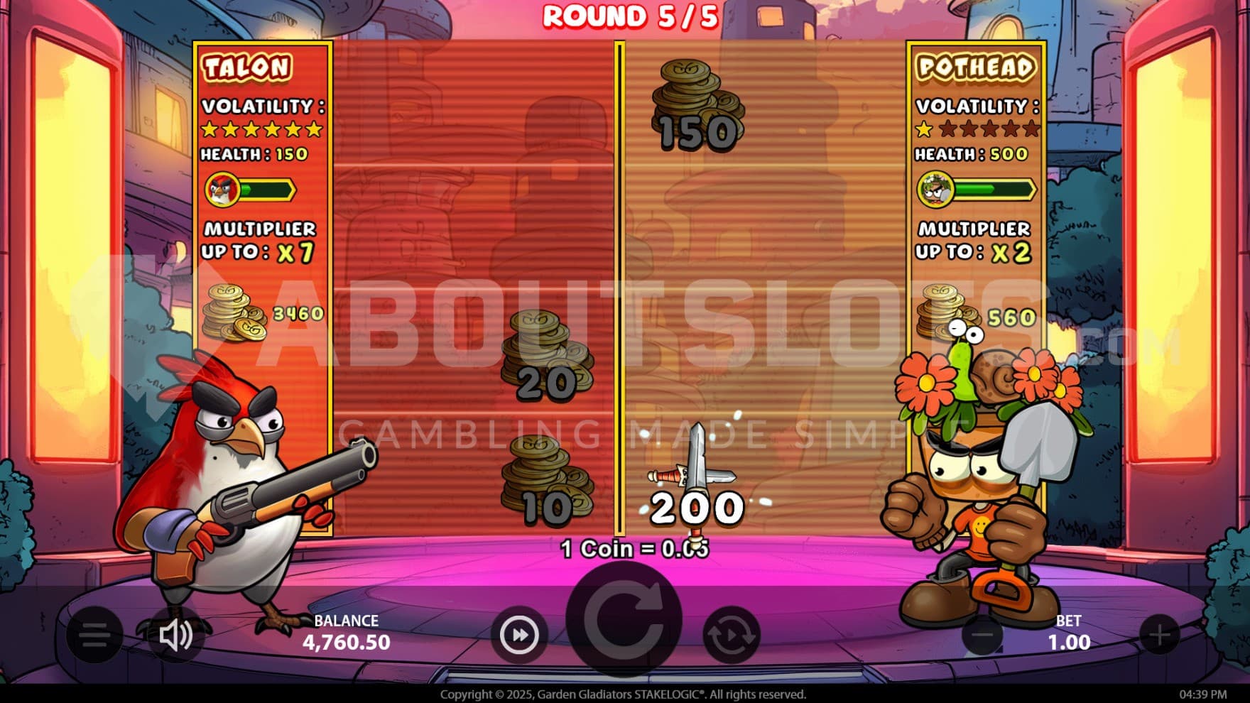 The final round of the Free Spins feature where the fighters Talon and Pothead battle it out