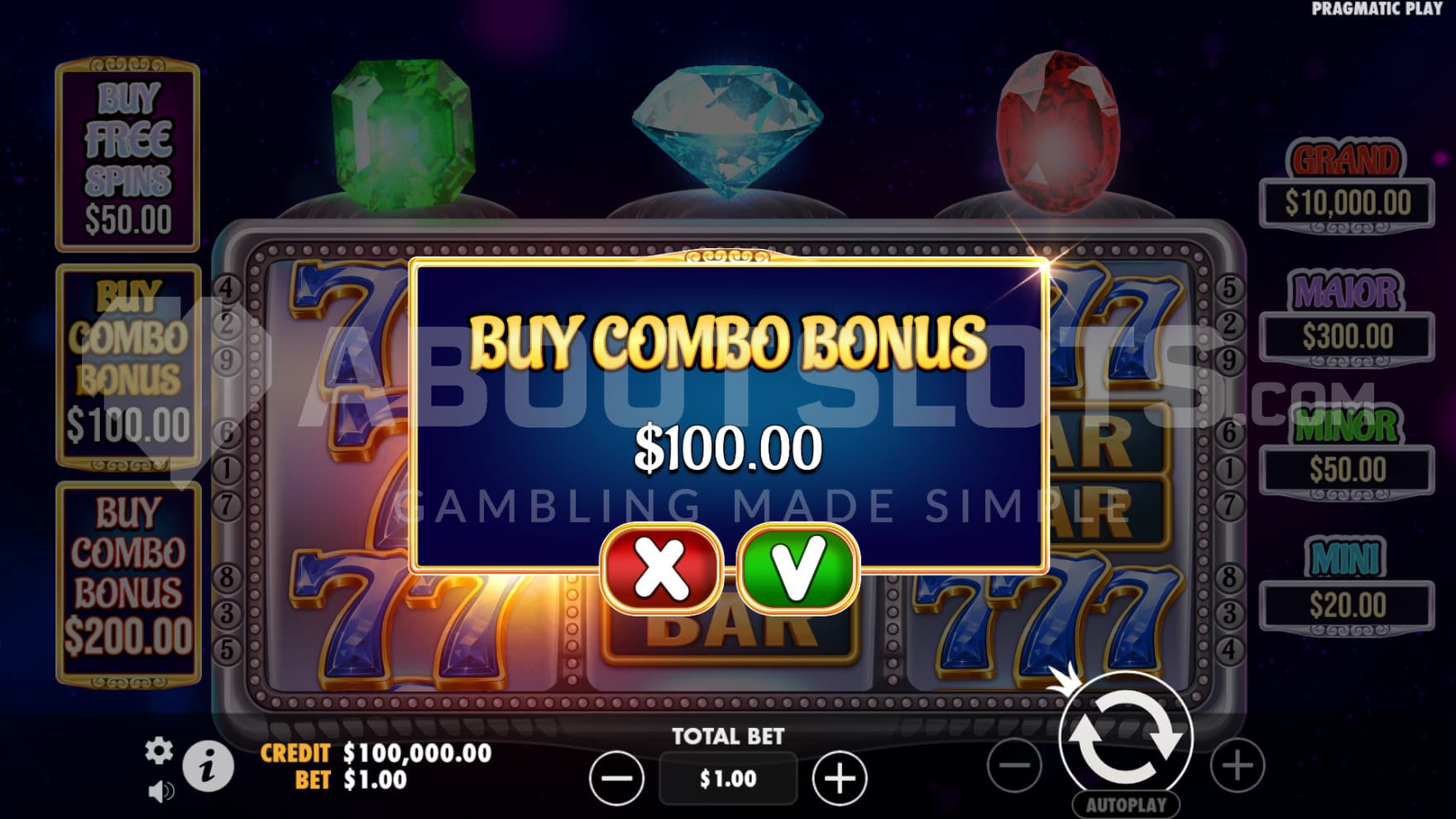 One of three feature buy options sit infront of the playing grid