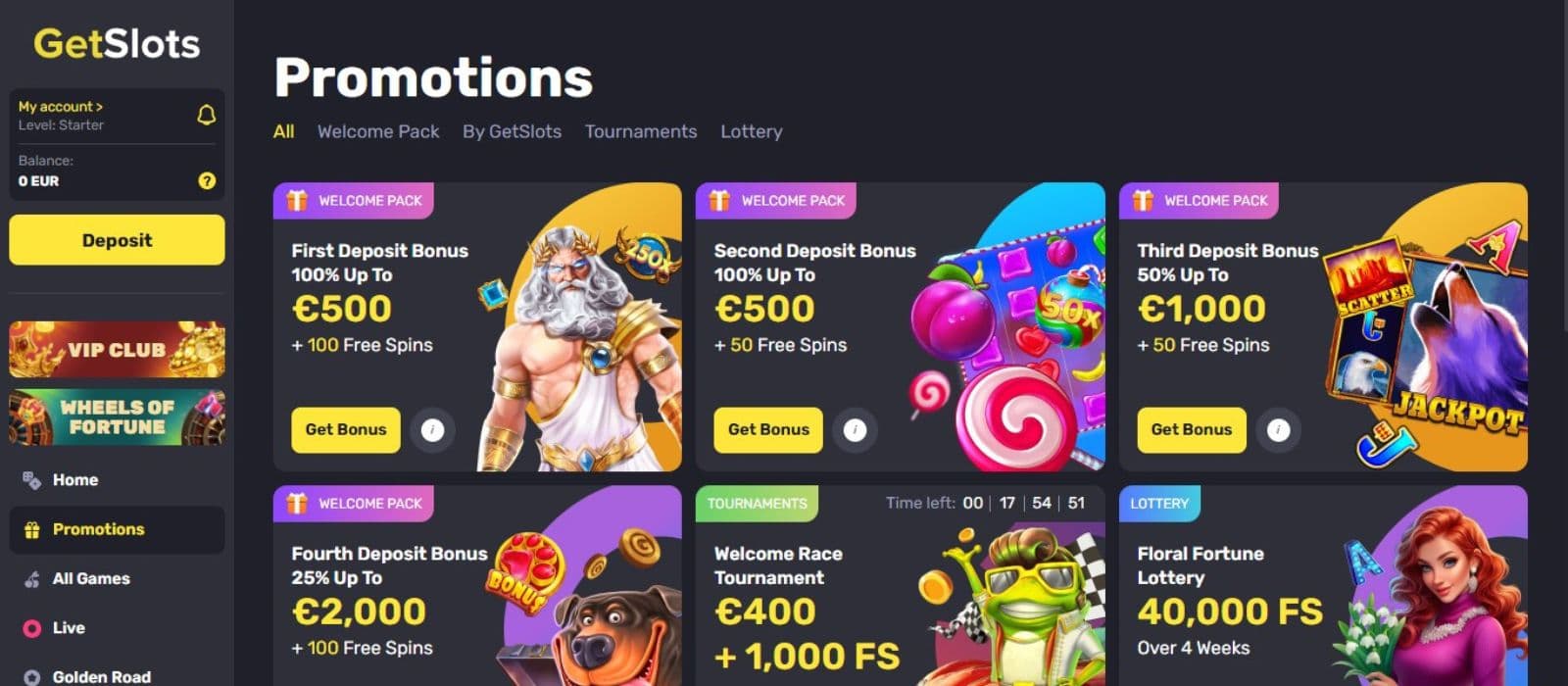 GetSlots Casino's promotions page, showing the welcome bonus package, tournaments, and lottery.