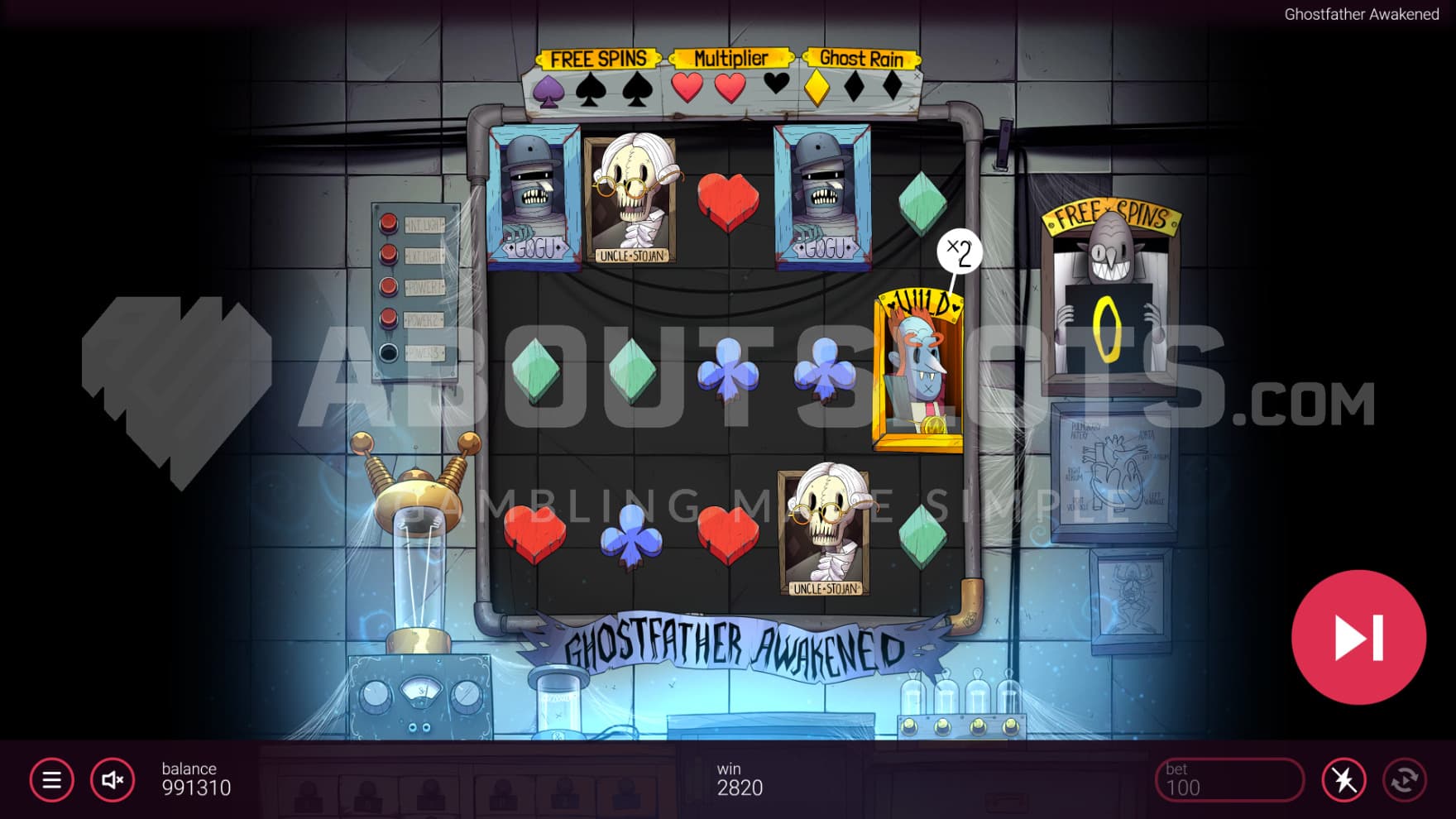 The free spins bonus game is set in a secret lab with extra bonuses that can be kept track of above the reels