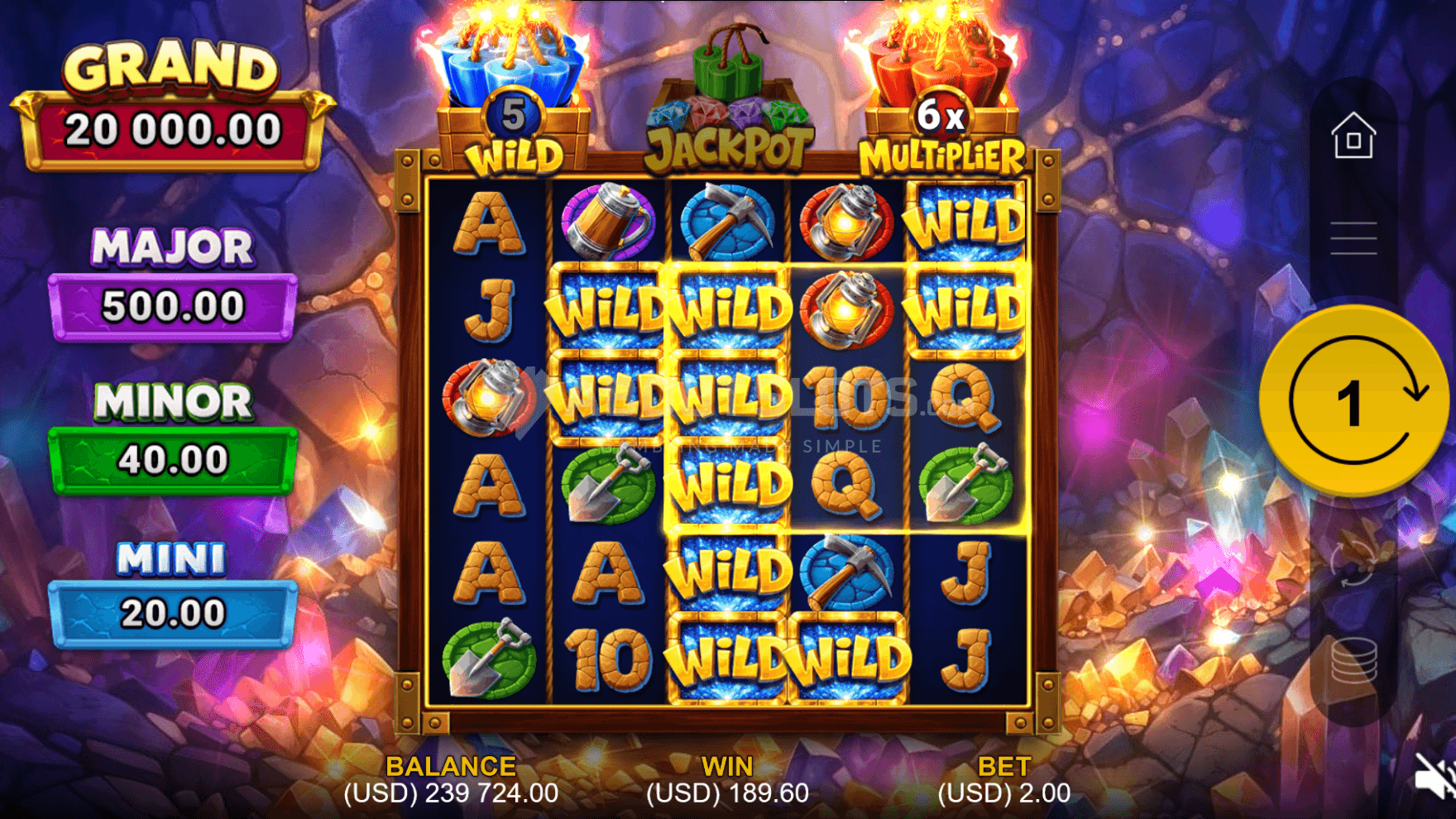 Pictured is the Free Spins feature with Wilds and Multiplier Zone bonus active