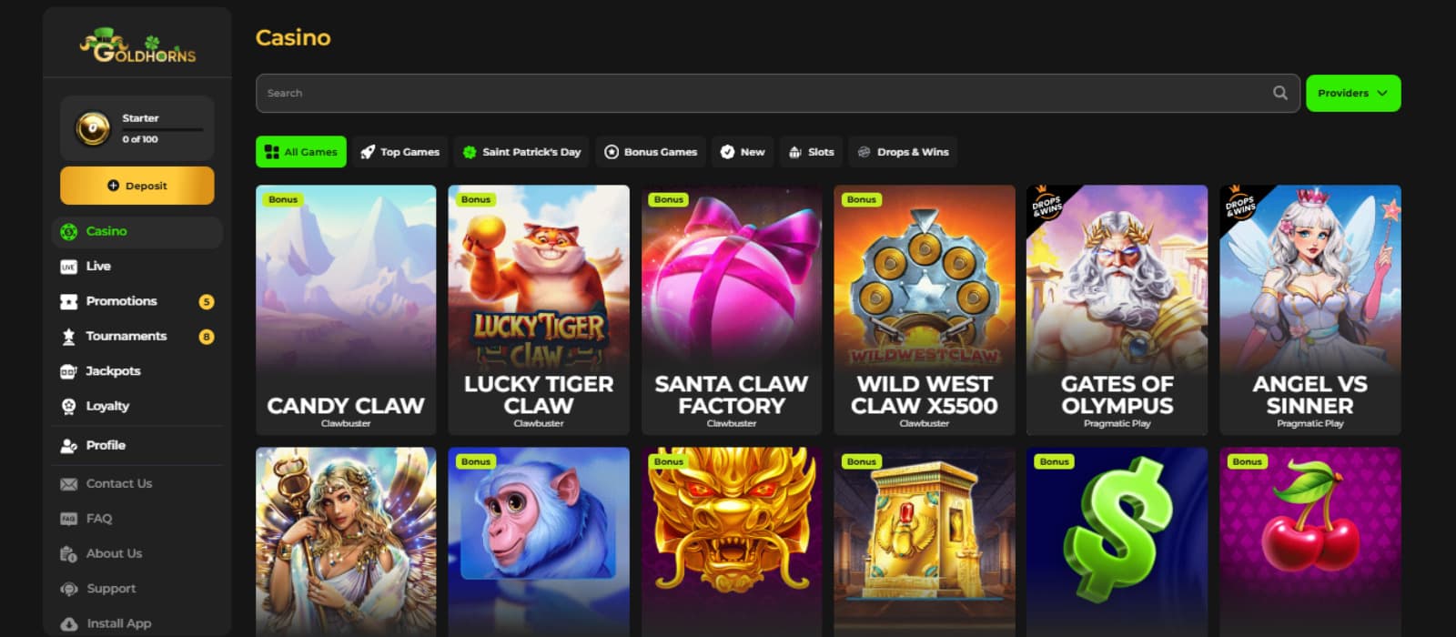 GoldHorns Casino's games page highlights different games, including Candy Claw, Gates of Olympus, Angels vs. Sinner, and many more.