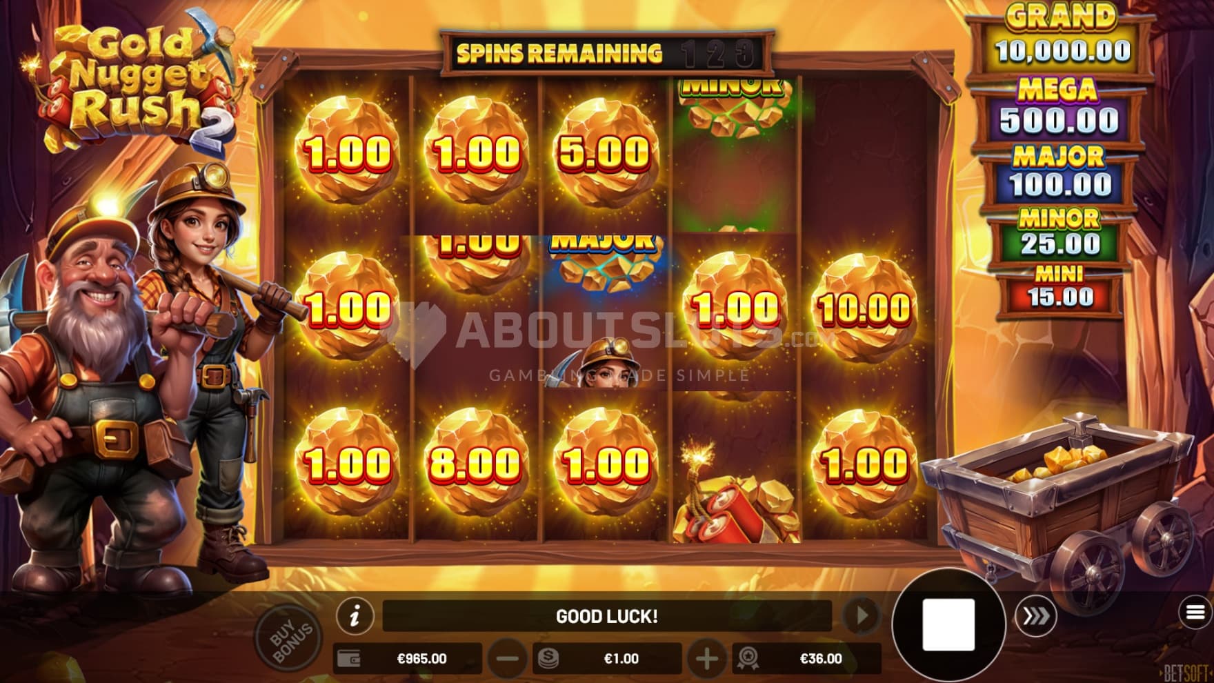 Only Special Symbols, such as the Gold Nugget Cash Prizes, can land during the bonus game