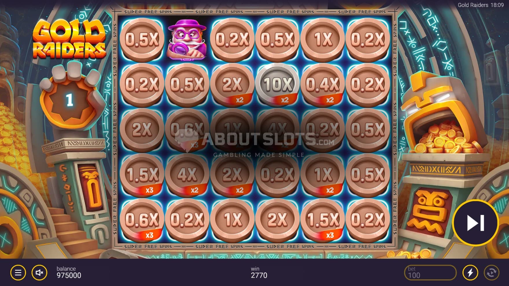 Pictured is the bonus game with persistent Hotspots and a Coin Rainbow active, turning the entire playing grid into Coin Prizes