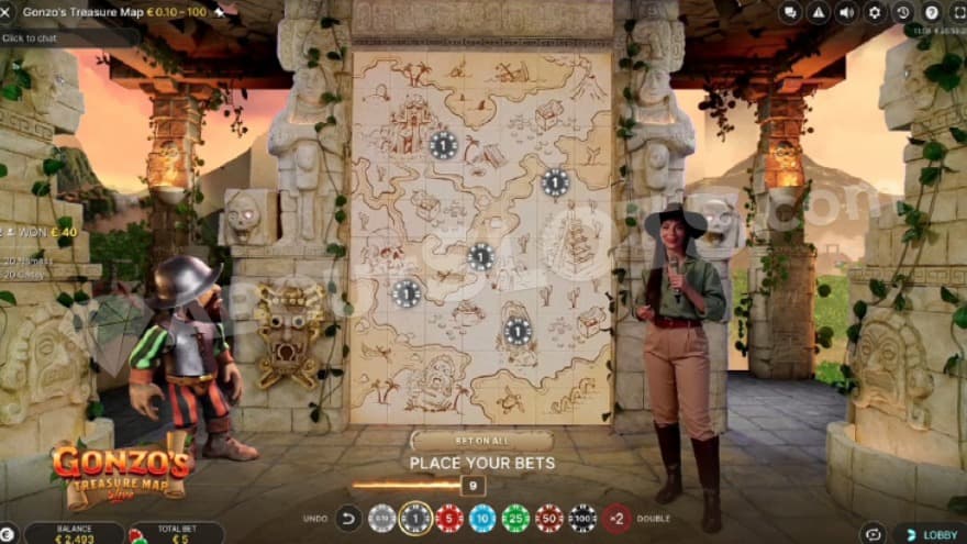 Base game where gonzo is standing on the left side of the reels, and the game host on the right side.