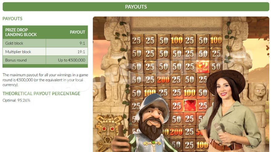 A payout table being shown, where Gonzo and the game host is on the right side.