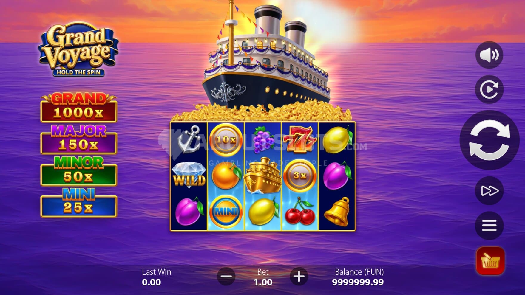The titular Grand Voyage sails ontop of the playing grid on waves of Coin Symbols