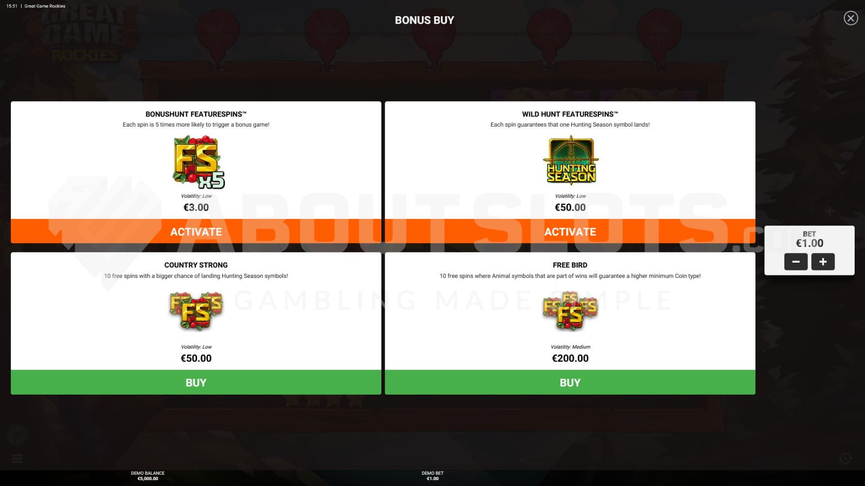 Choose between two featurespins and two feature buys