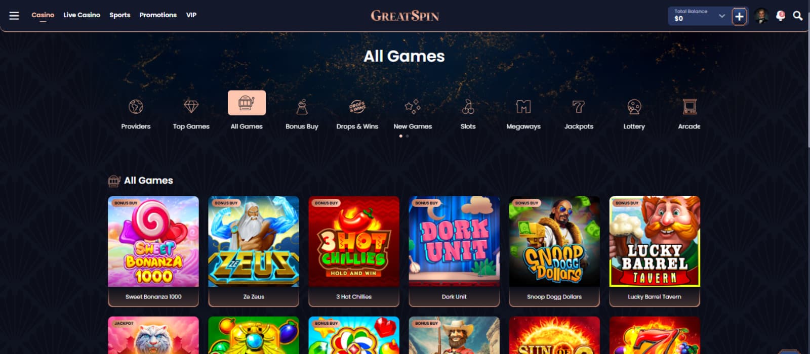 GreatSpin Casino Game page displaying different titles, including Sheet Bonanza 1000, Dork unit, and Lucky Barrel