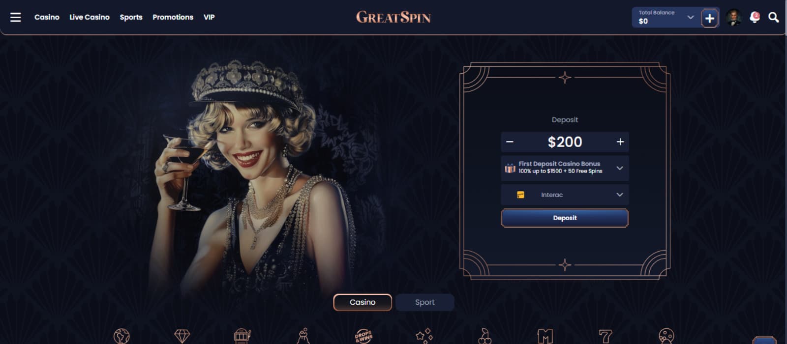 GreatSpin Casino Homepage showing the first deposit welcome bonus