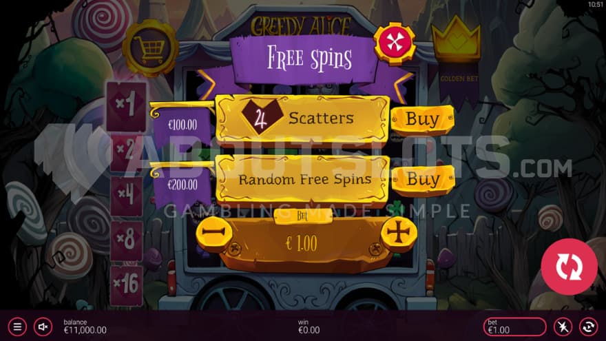 A sign pops up infront of the playing grid with the two Feature Buy options