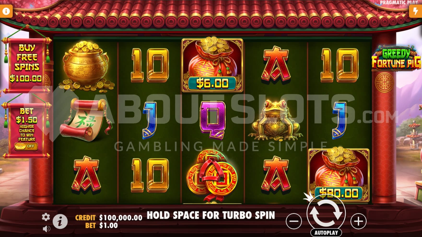 Various Money Symbols and other paying symbols sit on the reels in the base game