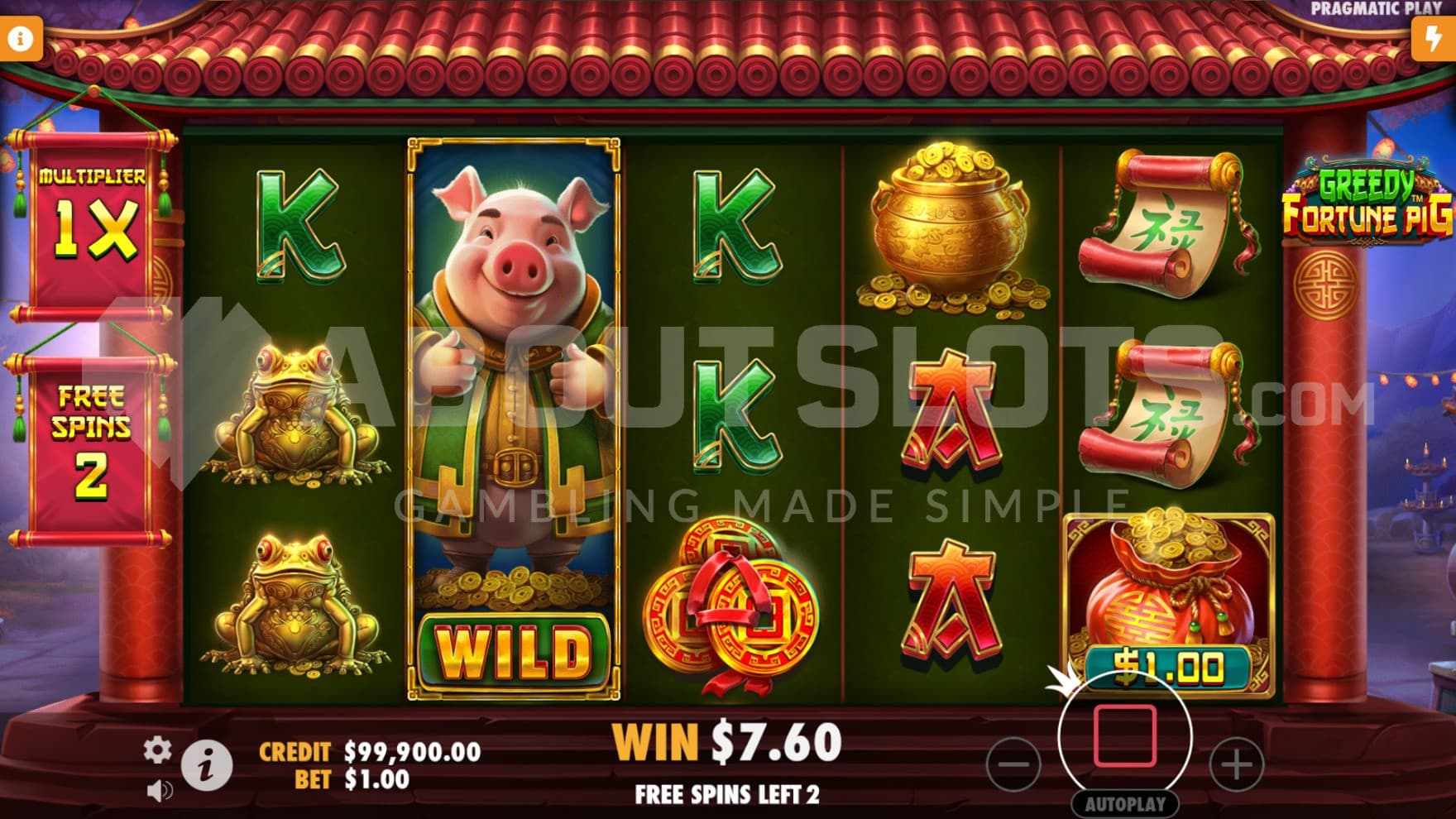 A expanded Wild Symbol sits on the reels after collecting the Cash Prize from a Money Symbol