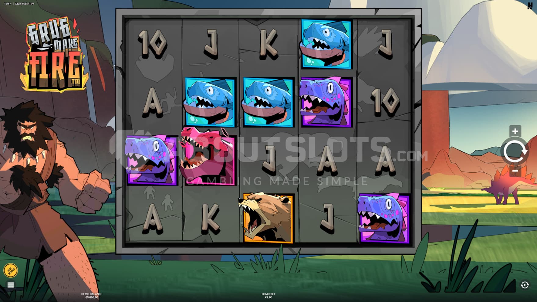 Grug stands to the left of the playing grid, ready to cook up a delicious meal