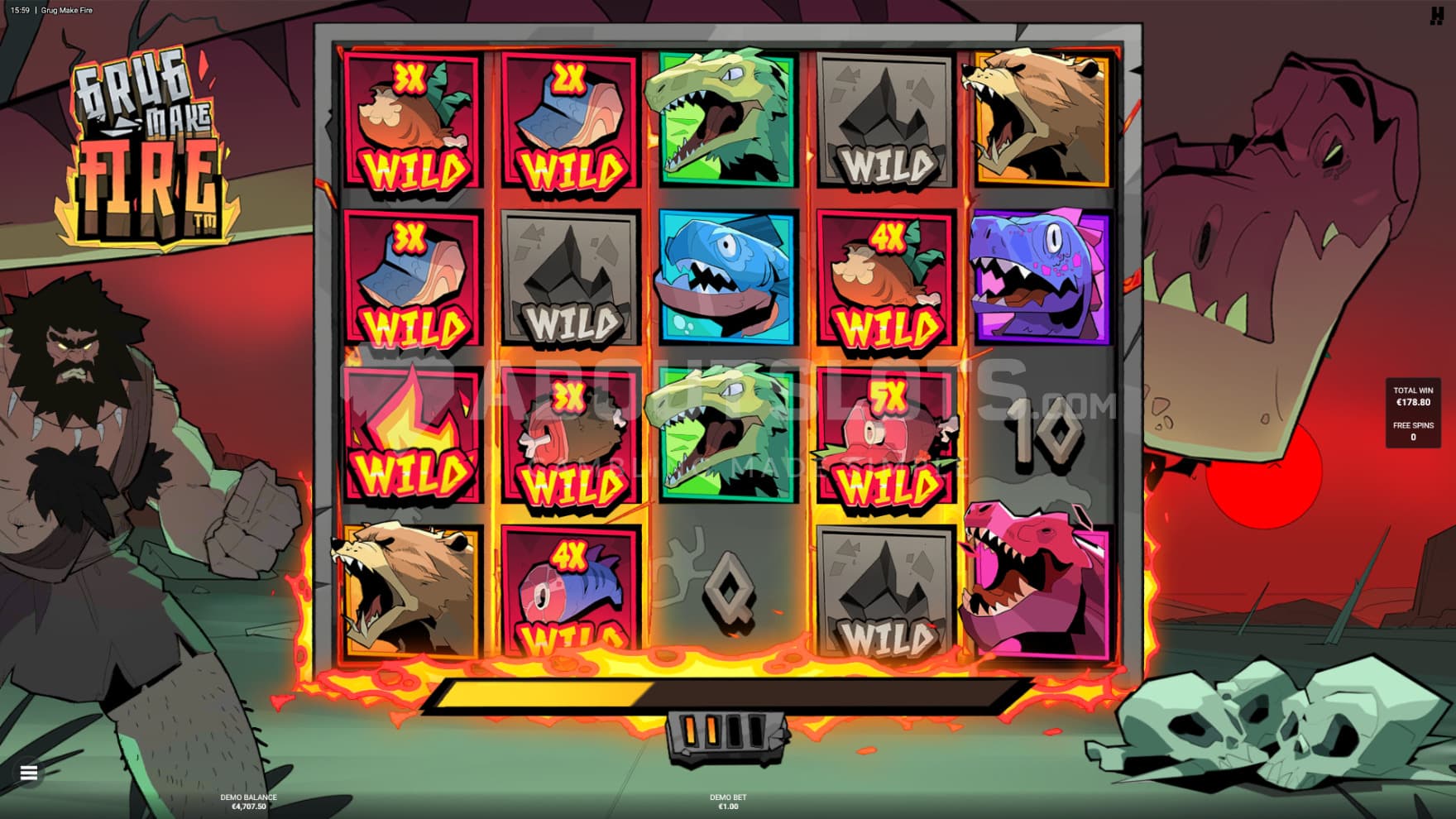 The Grug Fight Dino bonus game brings Burnt Reels, adding even more Wilds and Multiplier Wilds per spin