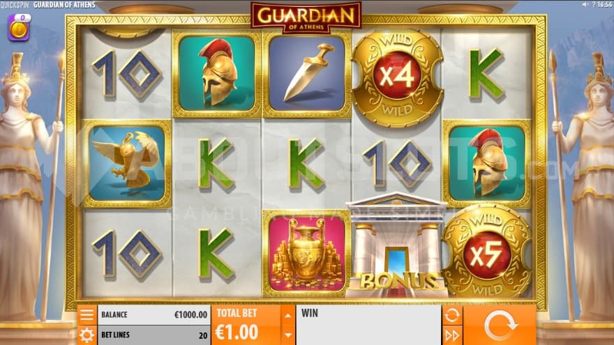 Two marble statues lined with gold of Athena stands tall in the background of the playing grid