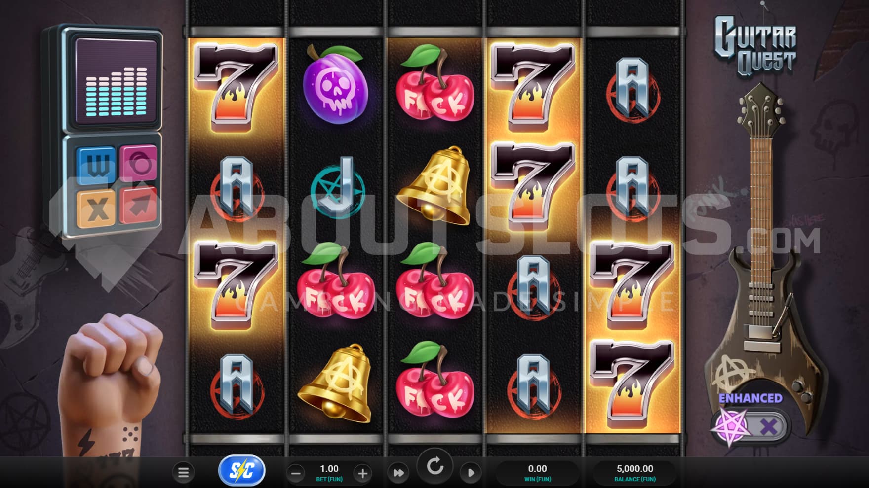 The playing grid is filled with rock vibes, with the equalizer bonus and disfigured hand next to the reels