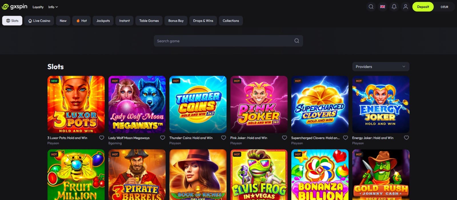 The games page of GxSpin Casino presents the most popular slot games, such as 3 Luxor Pots, Thunder Coins, and Pink Joker.