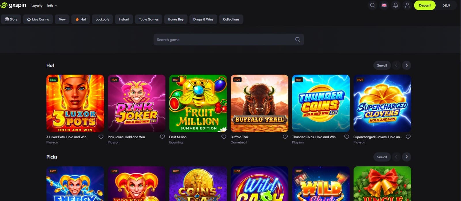 The landing page of GxSpin Casino showcases a rich selection of casino games.